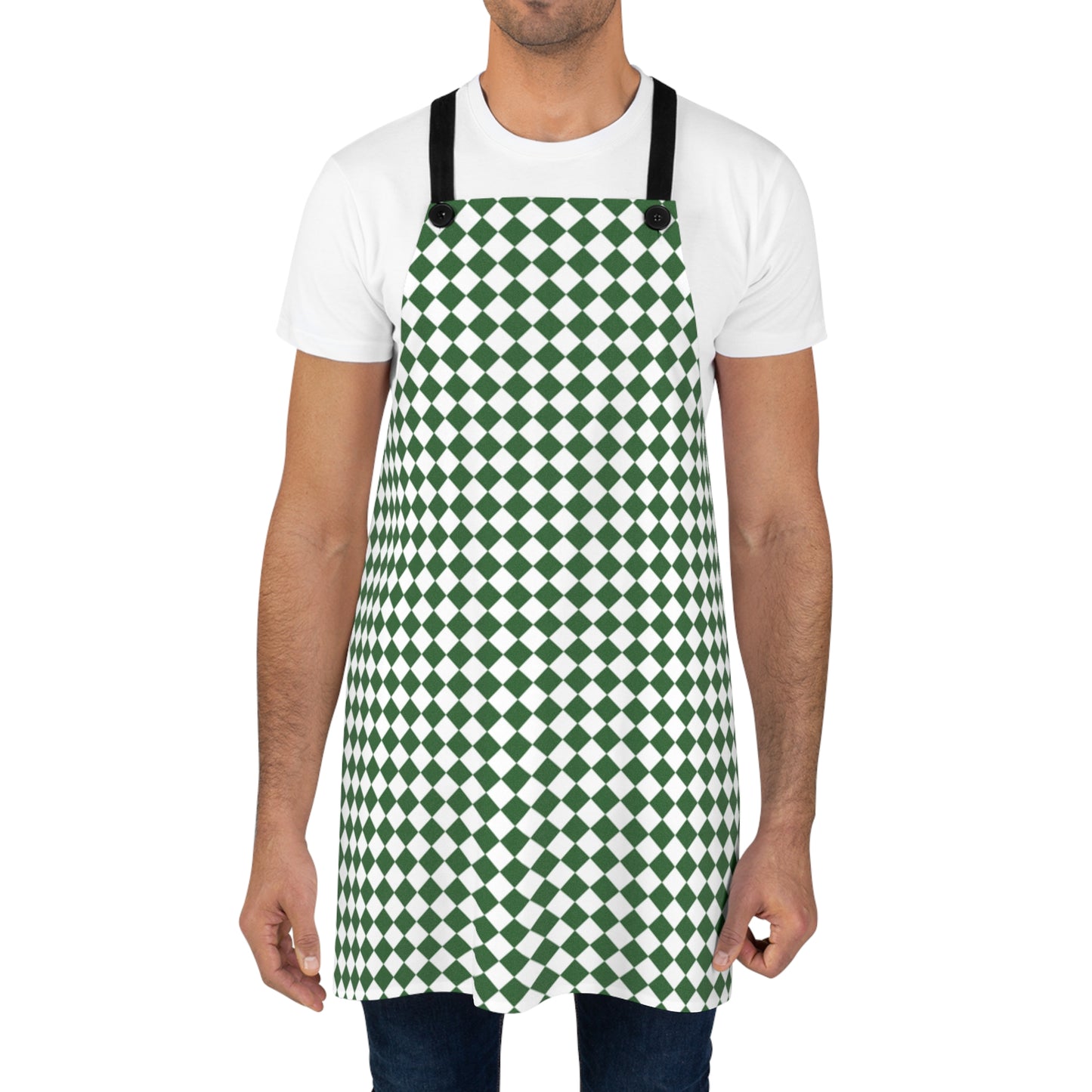 Green & White Argyle Holiday Apron | Lightweight 100% Polyester Twill, Detachable Black Twill Straps