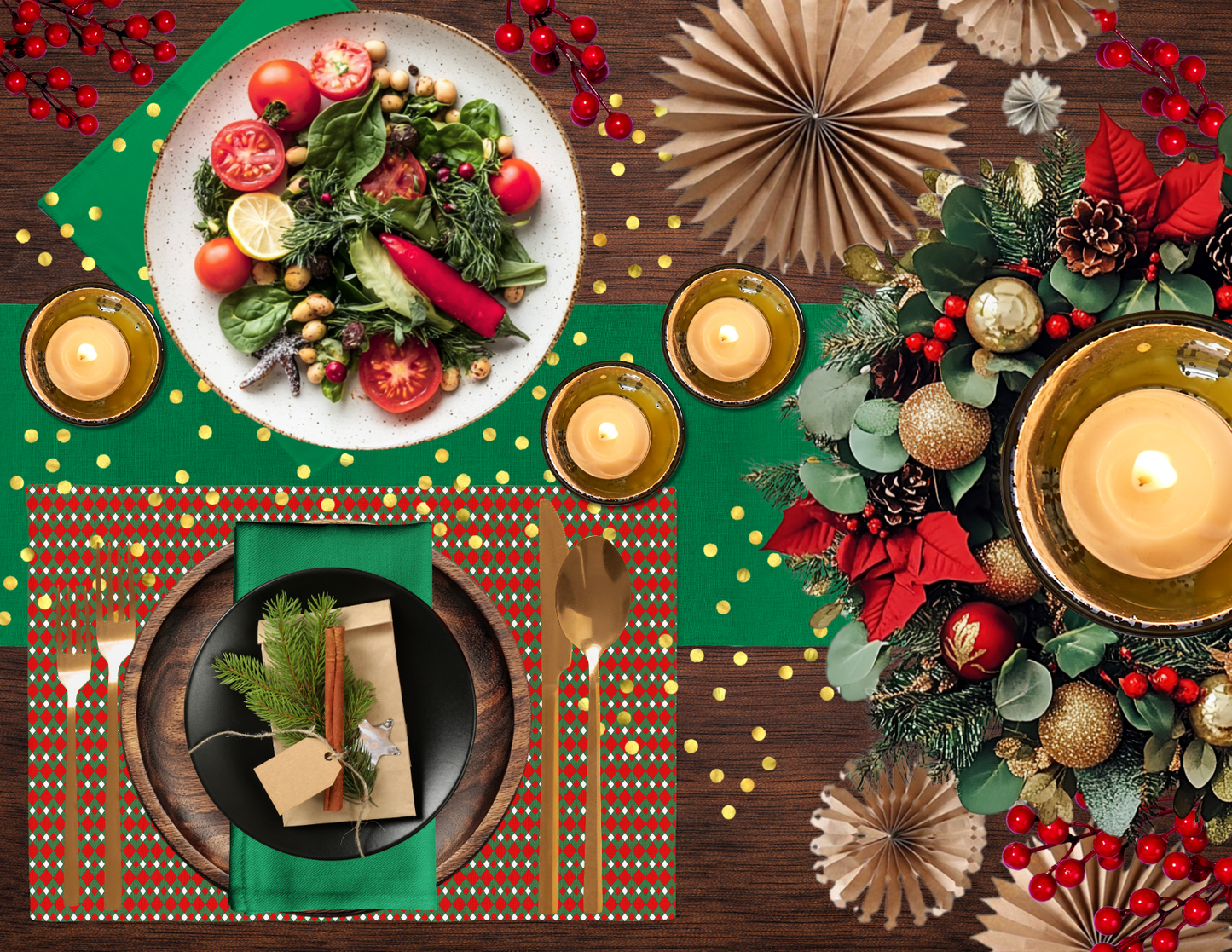 Green Holiday Napkin Set | 4 Washable Cloth Napkins, Festive Christmas Table Decor