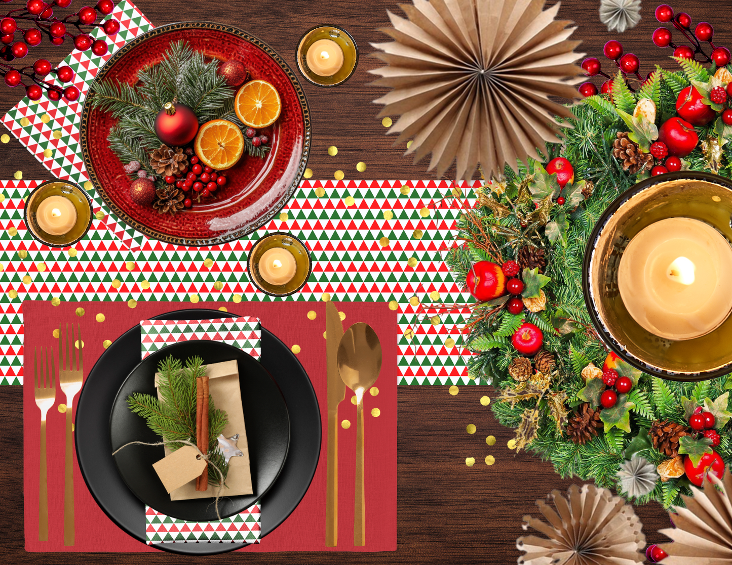 Striped Red & Green Triangle Christmas Table Runner | Rustic Holiday Dining Room Décor, Festive Geometric Farmhouse Accent