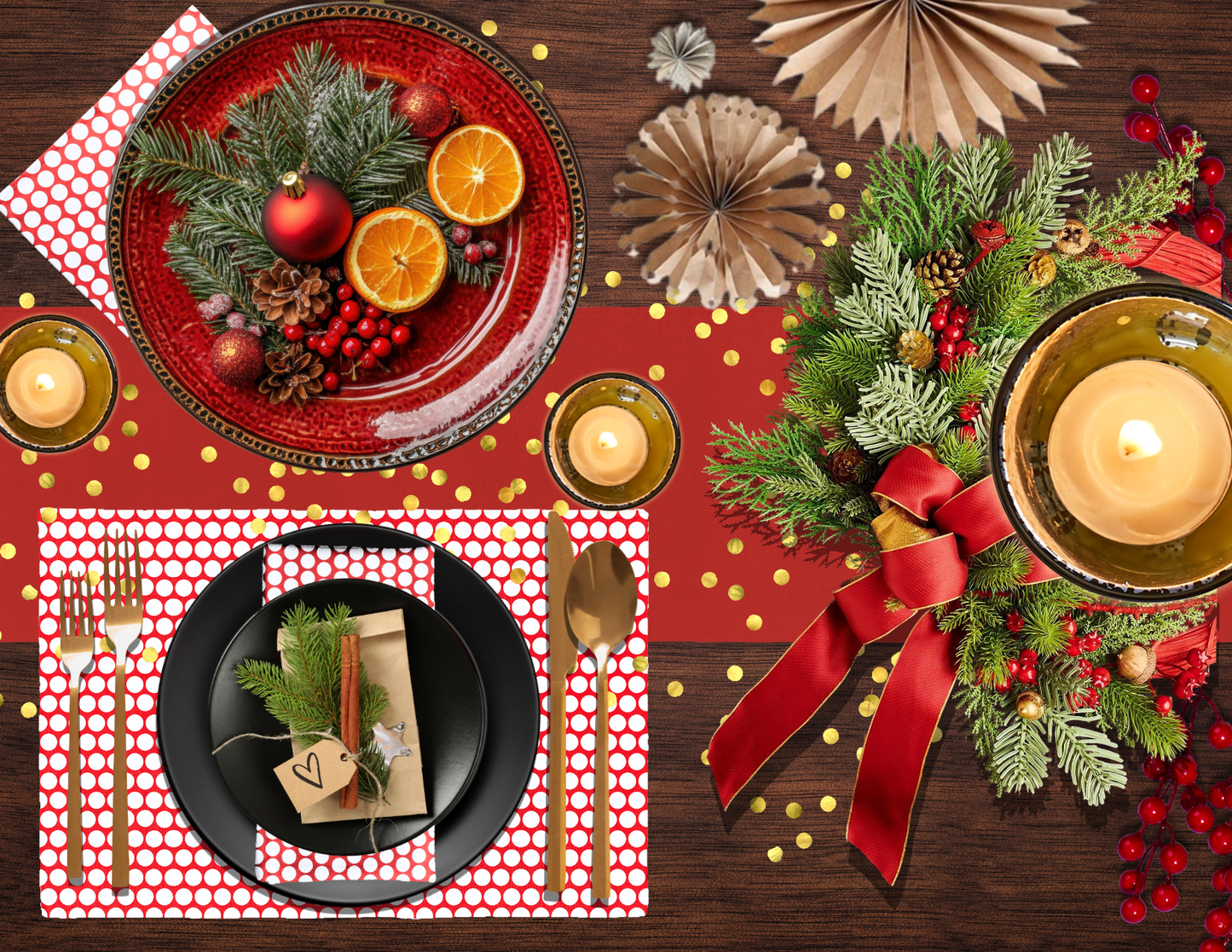 White Polka Dot on Red Polyester Placemats | Christmas Holiday Dining Décor, Festive Washable Farmhouse Table Mat Set