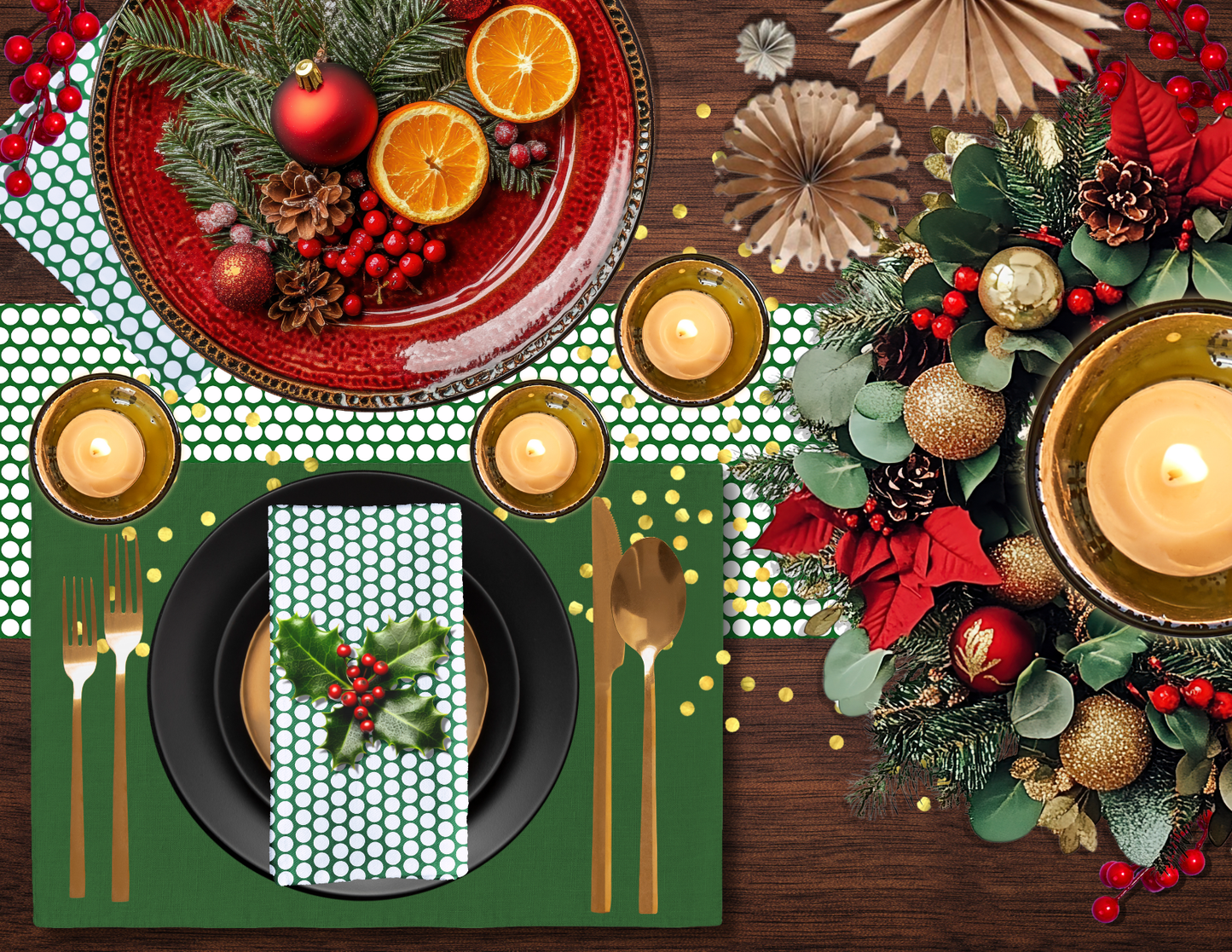 White Polka Dot on Green Polyester Napkins | Christmas Holiday Cloth Napkin Set, Festive Rustic Dining Décor