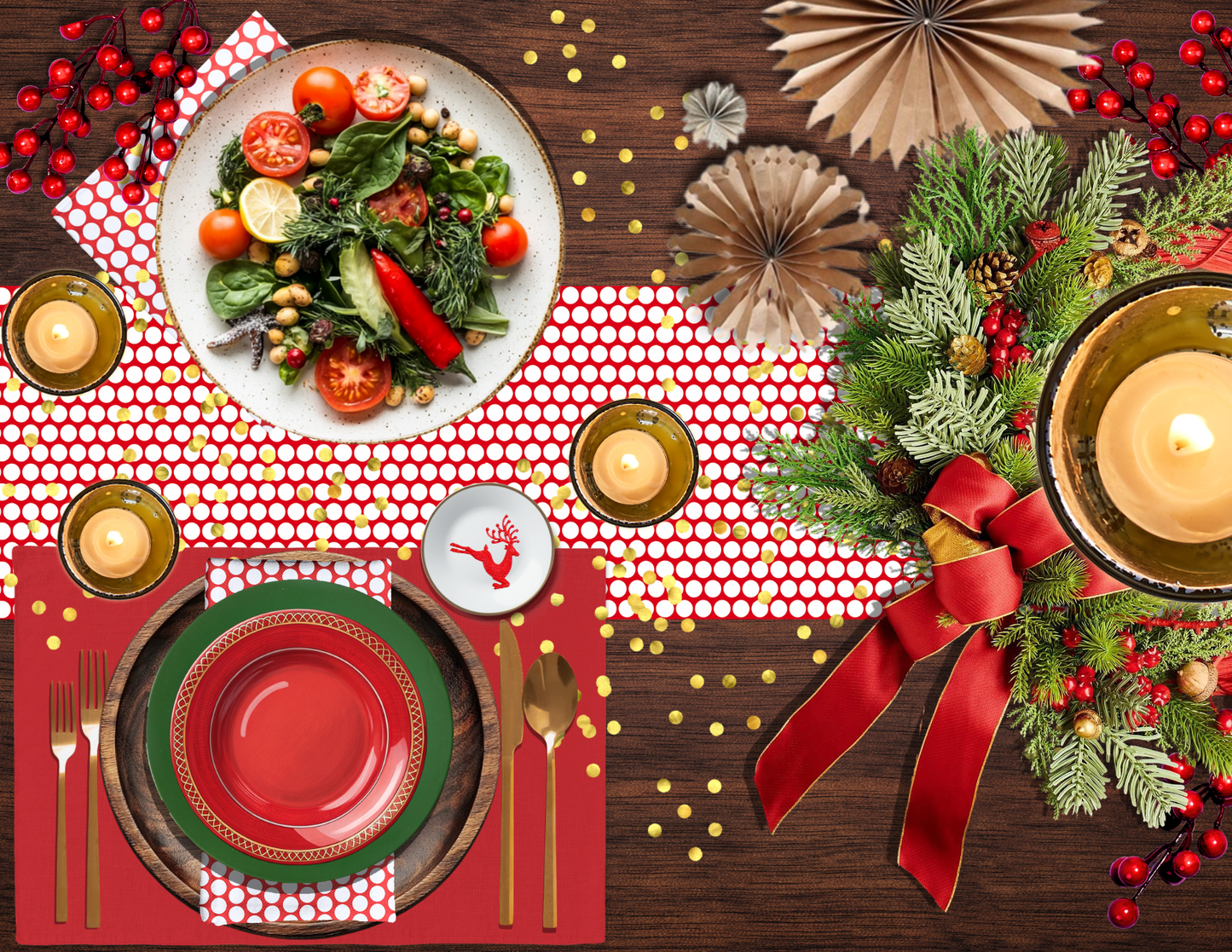 White Polka Dot on Red Polyester Napkins | Christmas Holiday Cloth Napkin Set, Festive Farmhouse Dining Décor