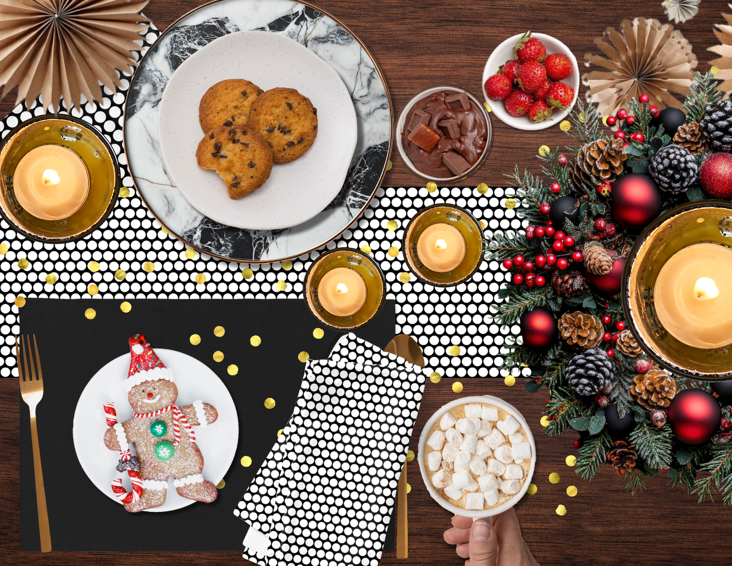 White Polka Dot on Black Christmas Table Runner | Bold Holiday Farmhouse Dining Décor, Modern Festive Spot Accent