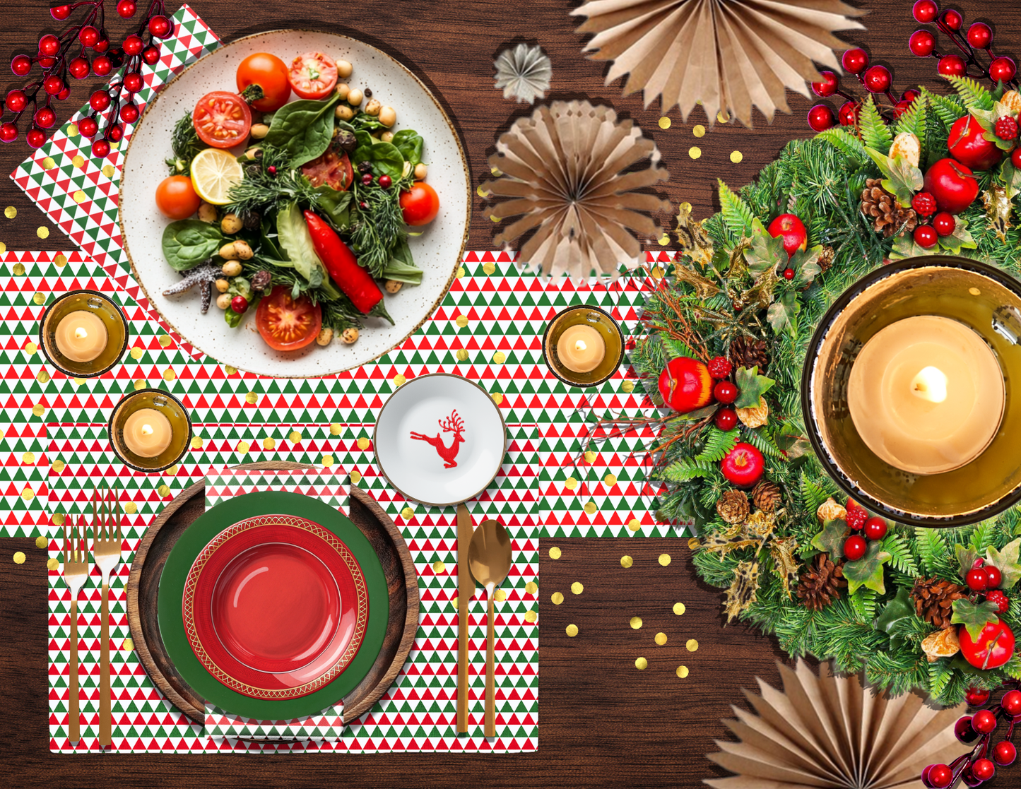 Striped Red & Green Triangle Christmas Table Runner | Rustic Holiday Dining Room Décor, Festive Geometric Farmhouse Accent