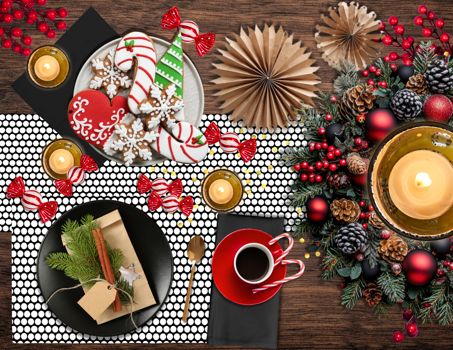 White Polka Dot on Black Christmas Table Runner | Bold Holiday Farmhouse Dining Décor, Modern Festive Spot Accent