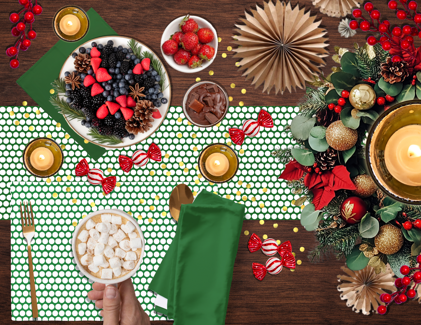White Polka Dot on Green Polyester Placemats | Christmas Holiday Dining Décor, Festive Rustic Washable Table Mat Set
