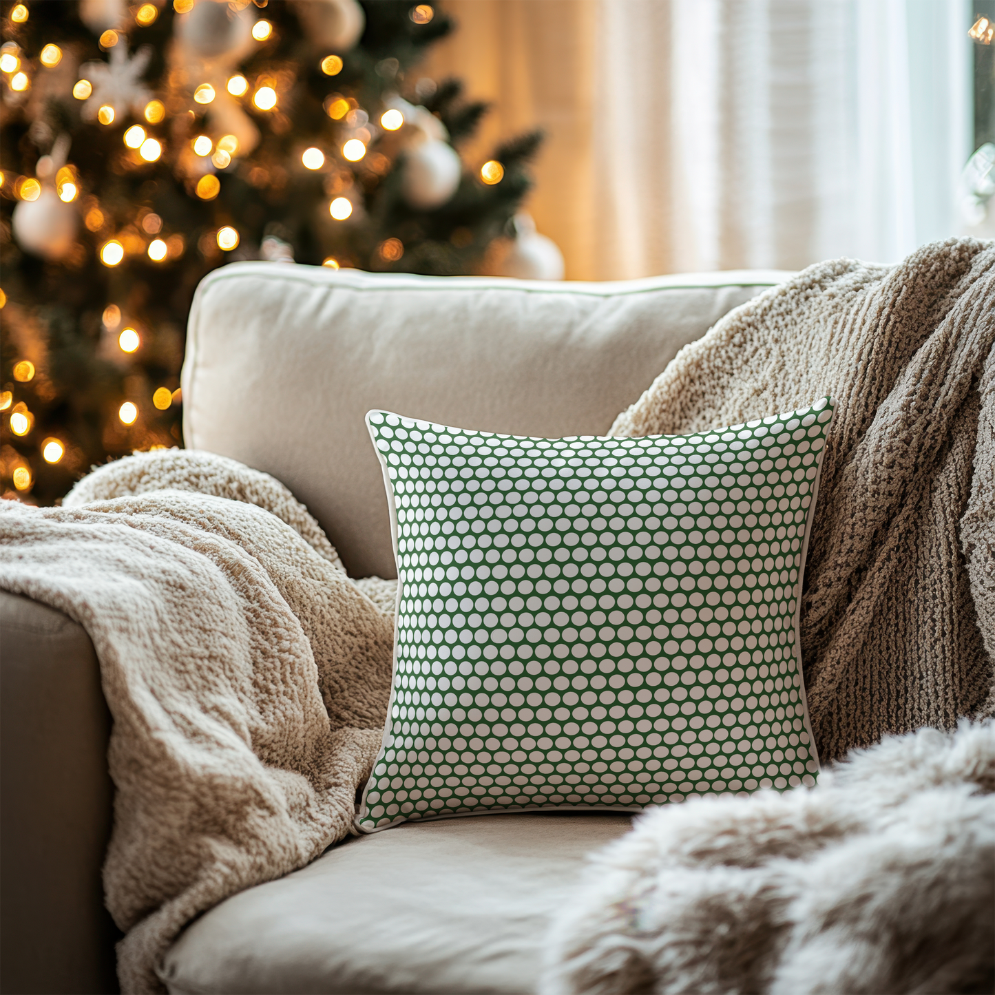 Green & White Polka Dot Reversible Cushion