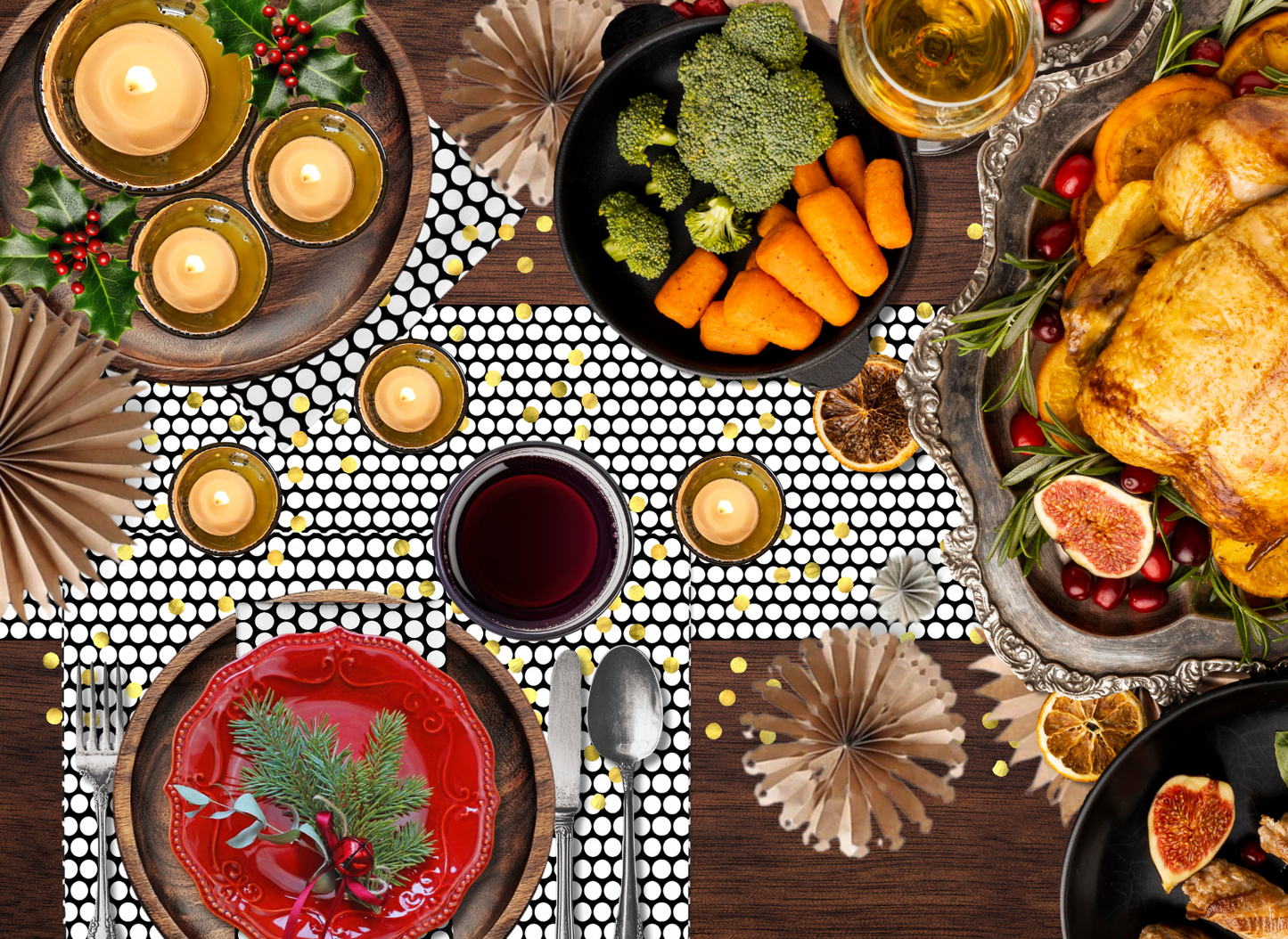 White Polka Dot on Black Christmas Table Runner | Bold Holiday Farmhouse Dining Décor, Modern Festive Spot Accent