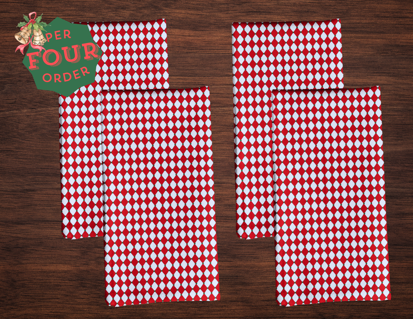 Nutcracker Drummer Red Argyle Polyester Napkins | Christmas Holiday Cloth Napkin Set, Festive Diamond Check Décor