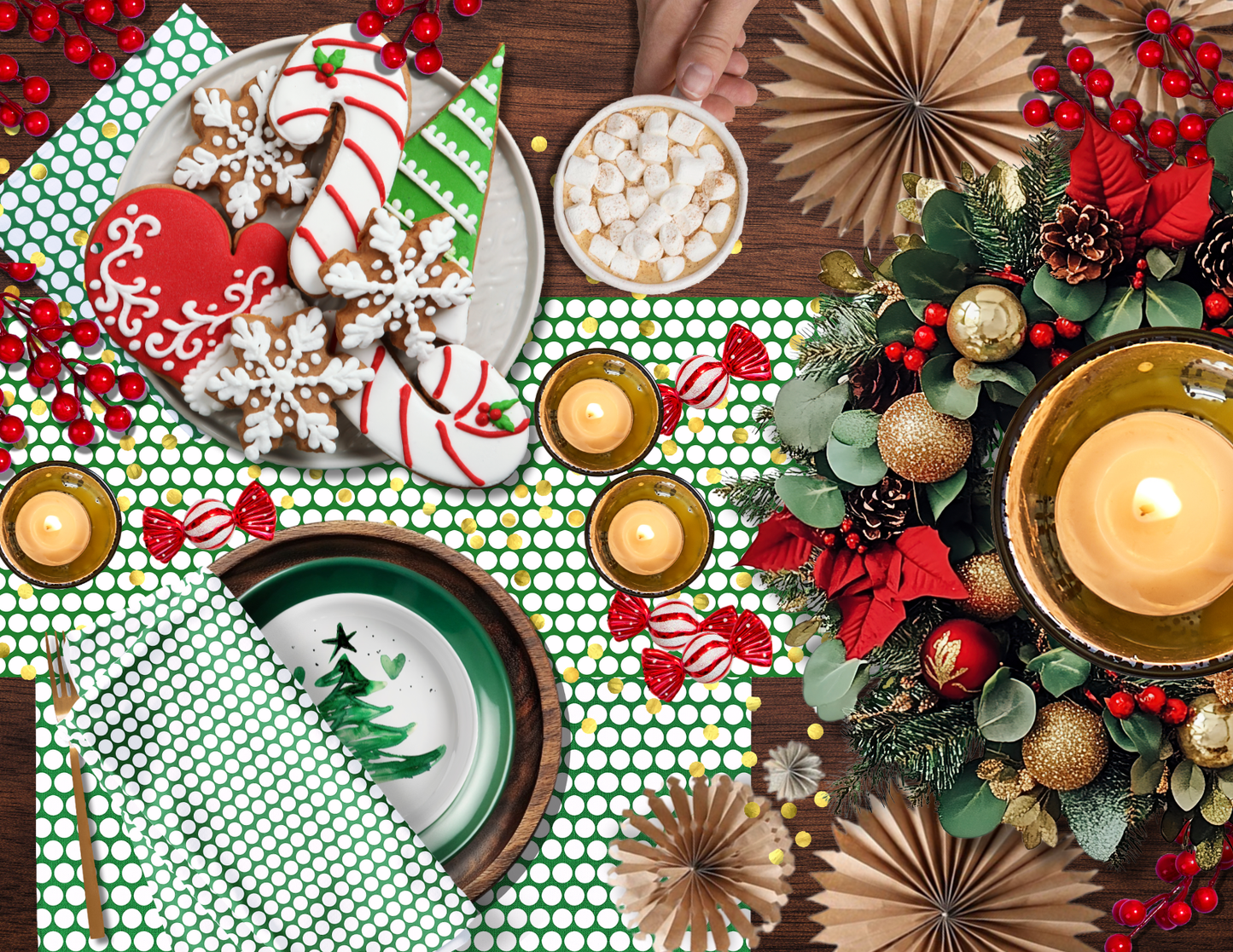 White Polka Dot on Green Christmas Table Runner | Festive Holiday Dining Décor, Rustic Farmhouse Spot Accent