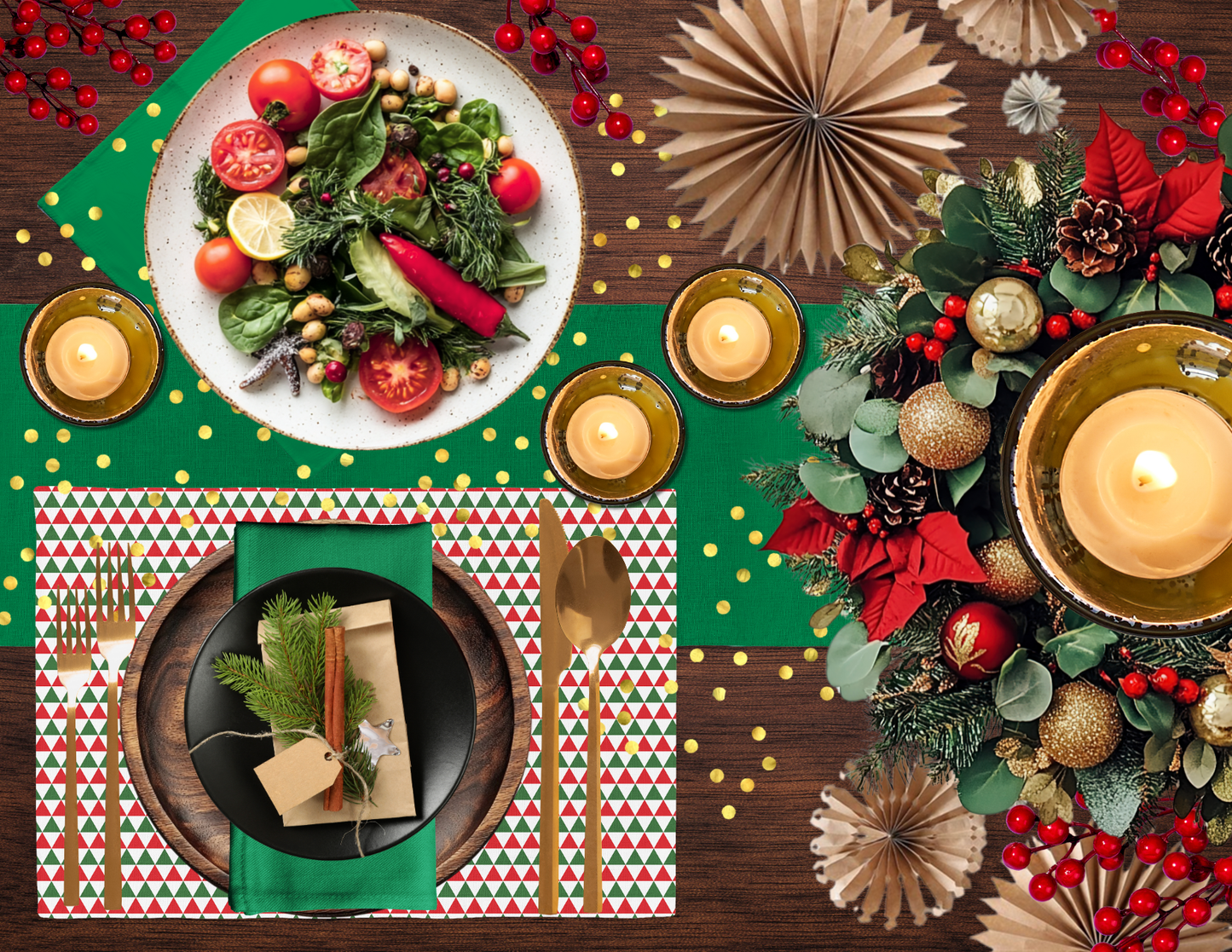 Green Holiday Napkin Set | 4 Washable Cloth Napkins, Festive Christmas Table Decor