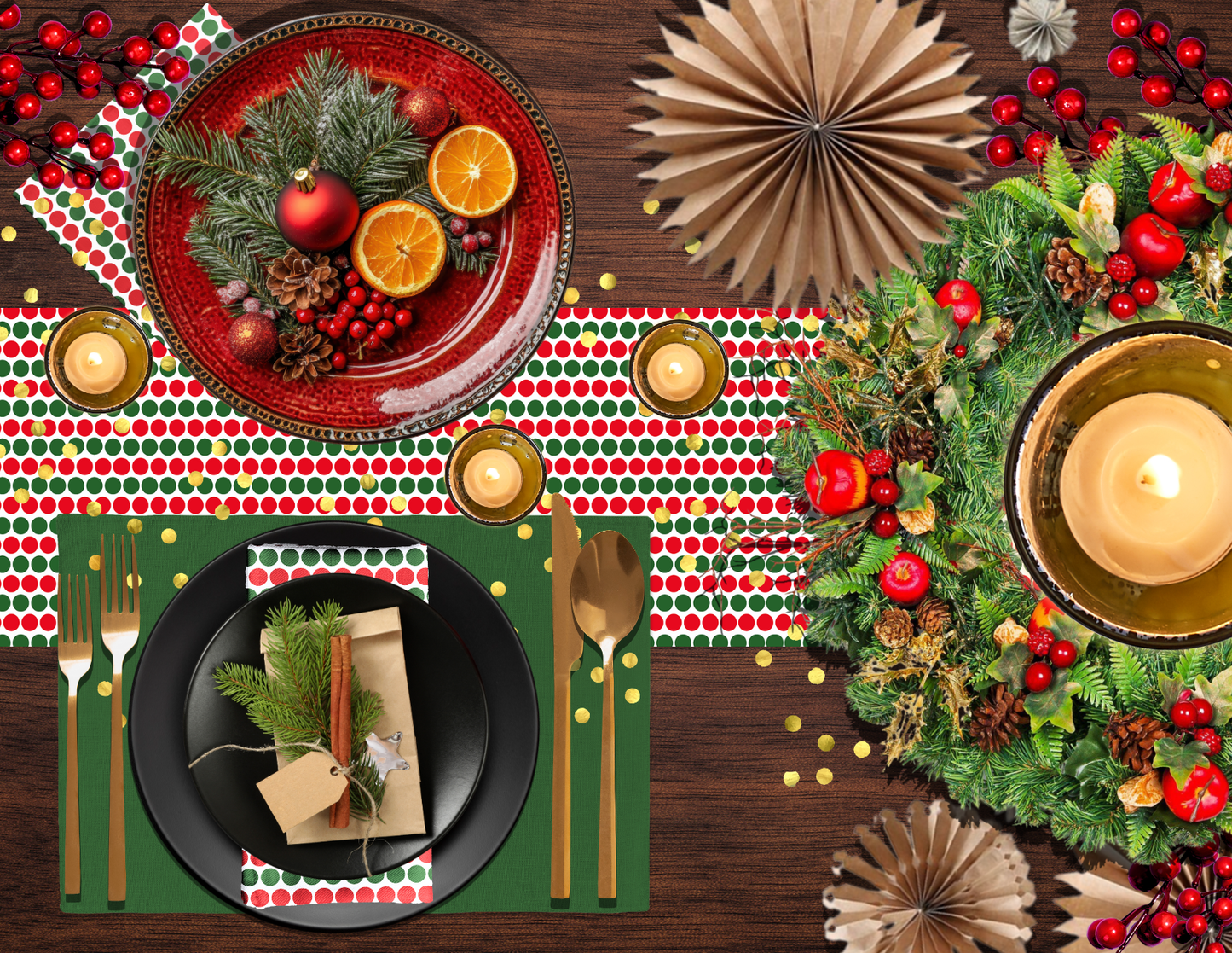 Red & Green Polka Dot Polyester Napkins | Christmas Holiday Cloth Napkin Set, Festive Farmhouse Dining Décor