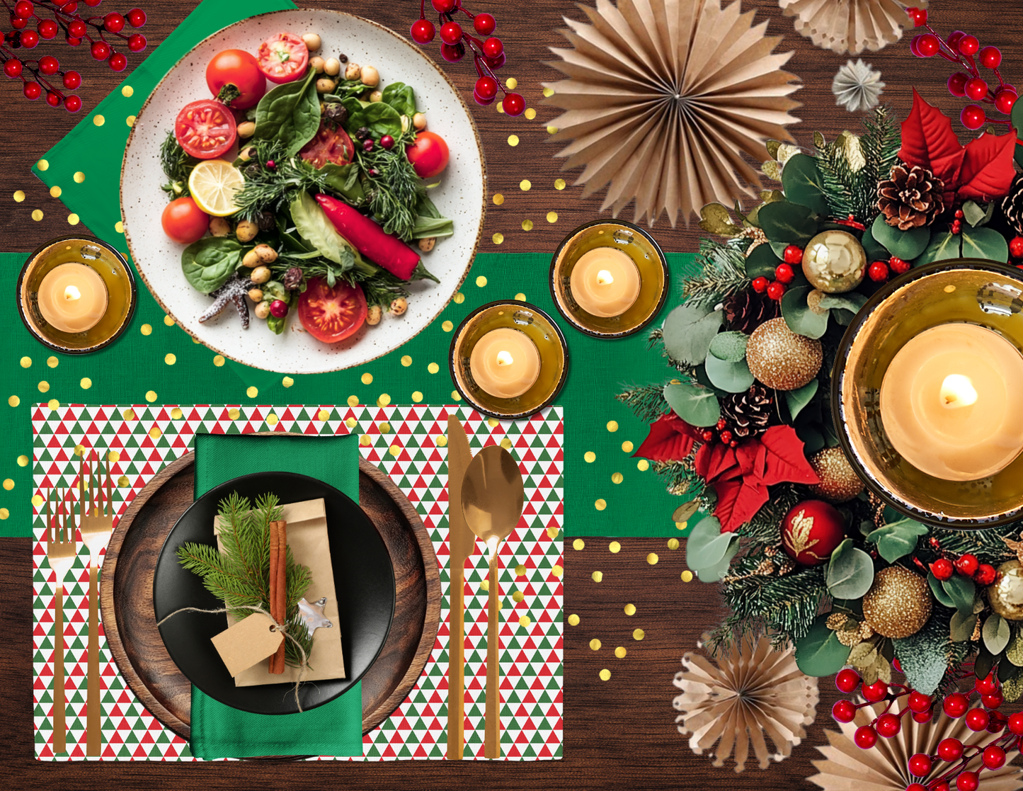 Green Holiday Napkin Set | 4 Washable Cloth Napkins, Festive Christmas Table Decor