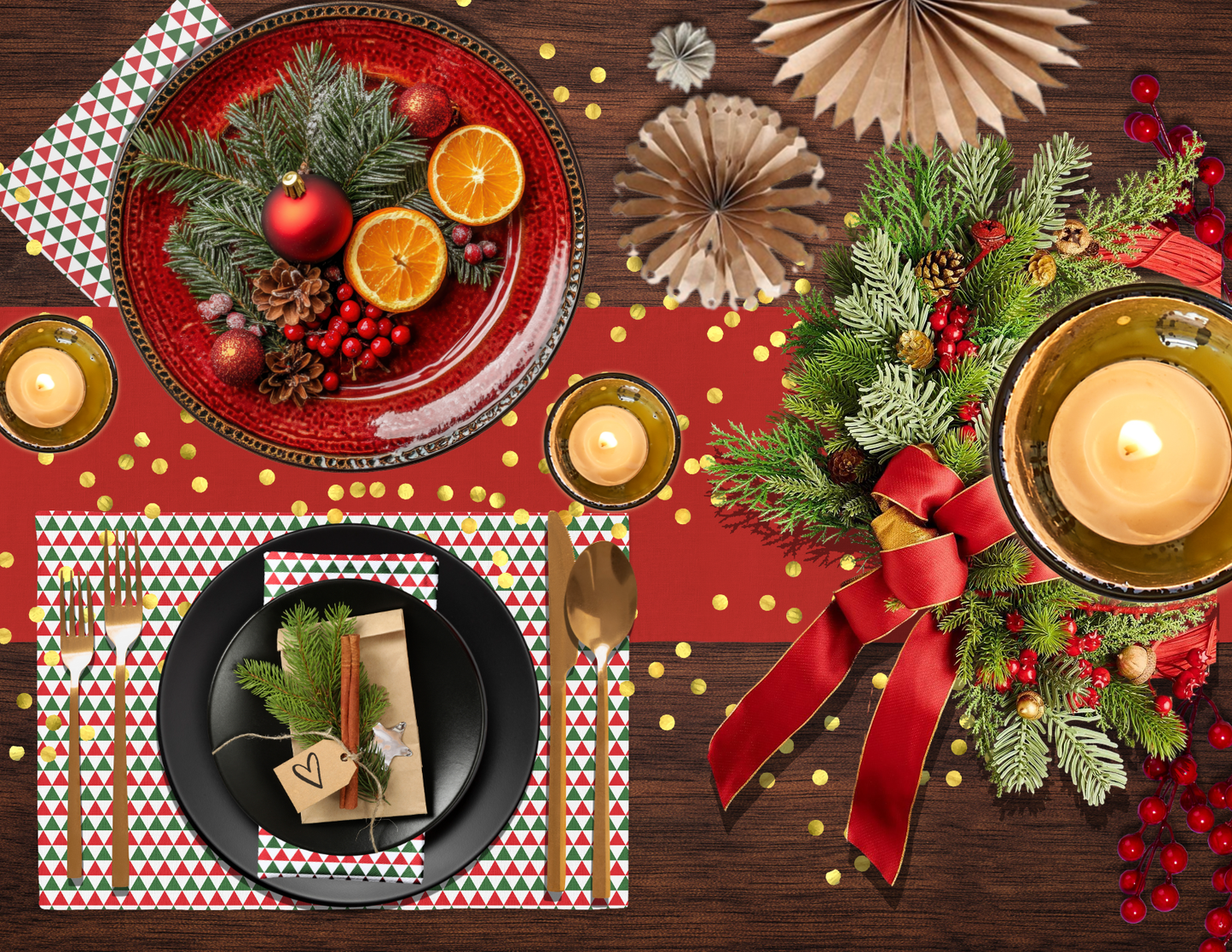 Red Green & White Argyle Polyester Placemats | Christmas Holiday Cloth Dining Mat Set, Festive Diamond Check Décor