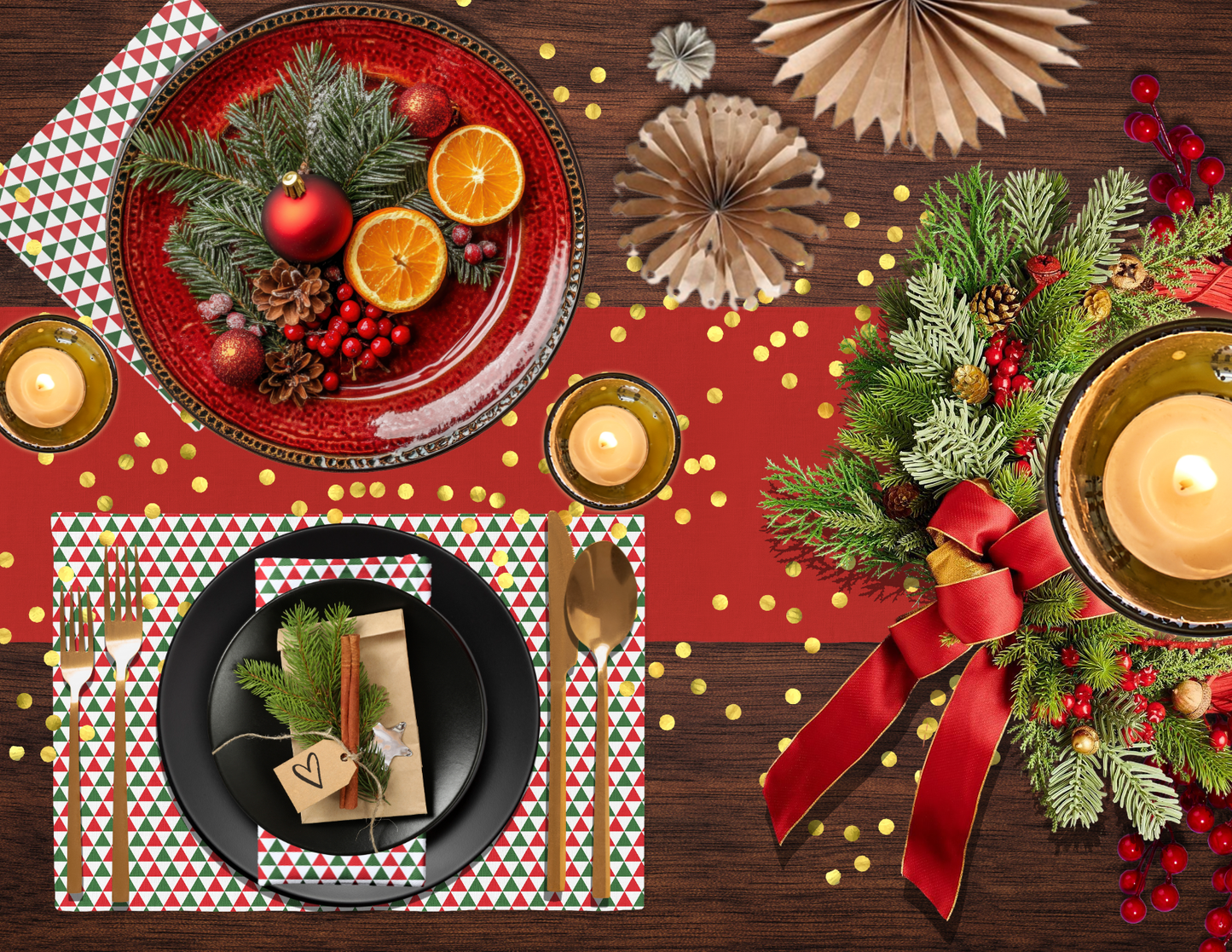 Red & Green Triangle Party Polyester Napkins | Festive Christmas Holiday Cloth Napkin Set, Bold Geometric Dining Décor