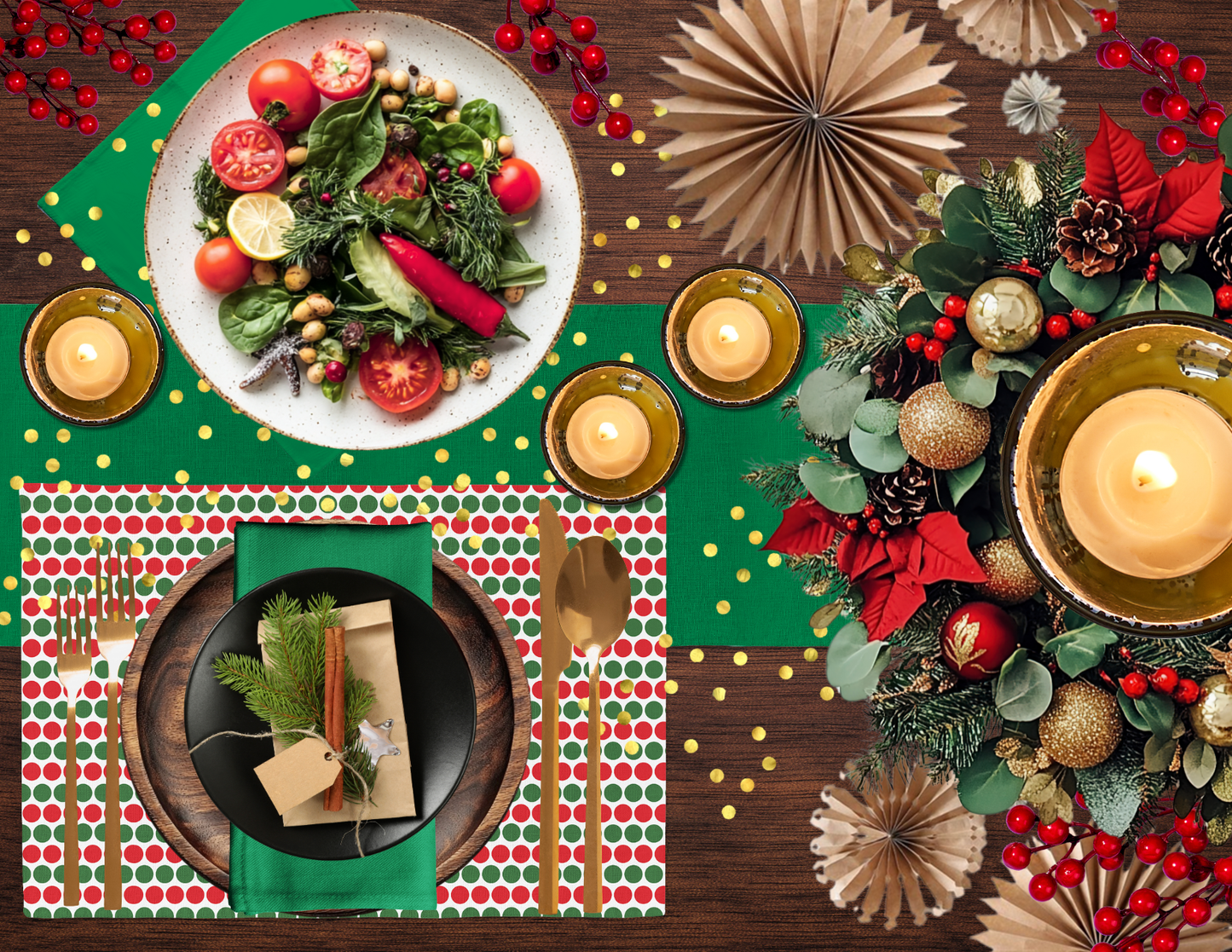 Red & Green Polka Dot Polyester Placemats | Christmas Holiday Dining Décor, Festive Farmhouse Washable Table Mat Set