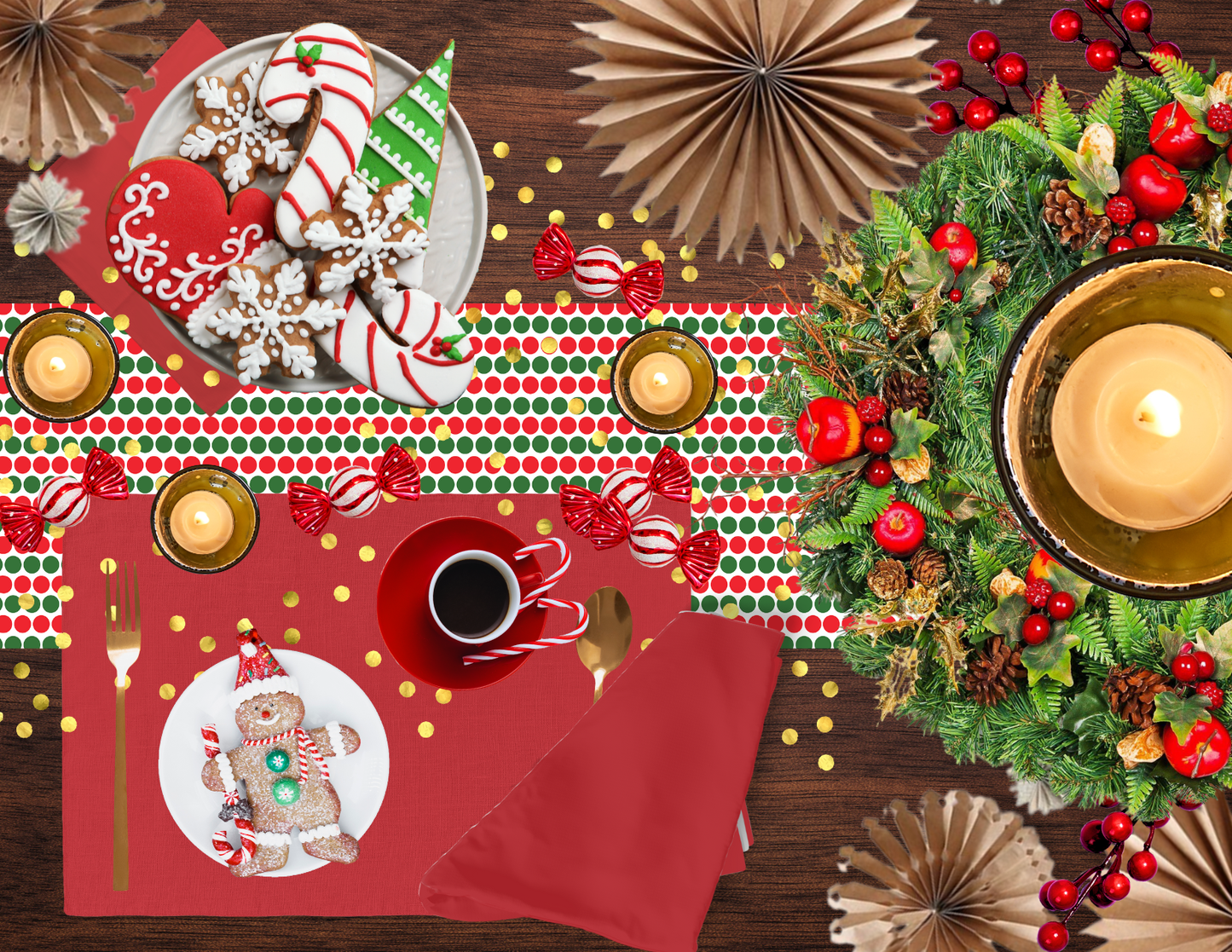 Red & Green Polka Dot Christmas Table Runner | Festive Holiday Dining Décor, Farmhouse Bold Spot Pattern