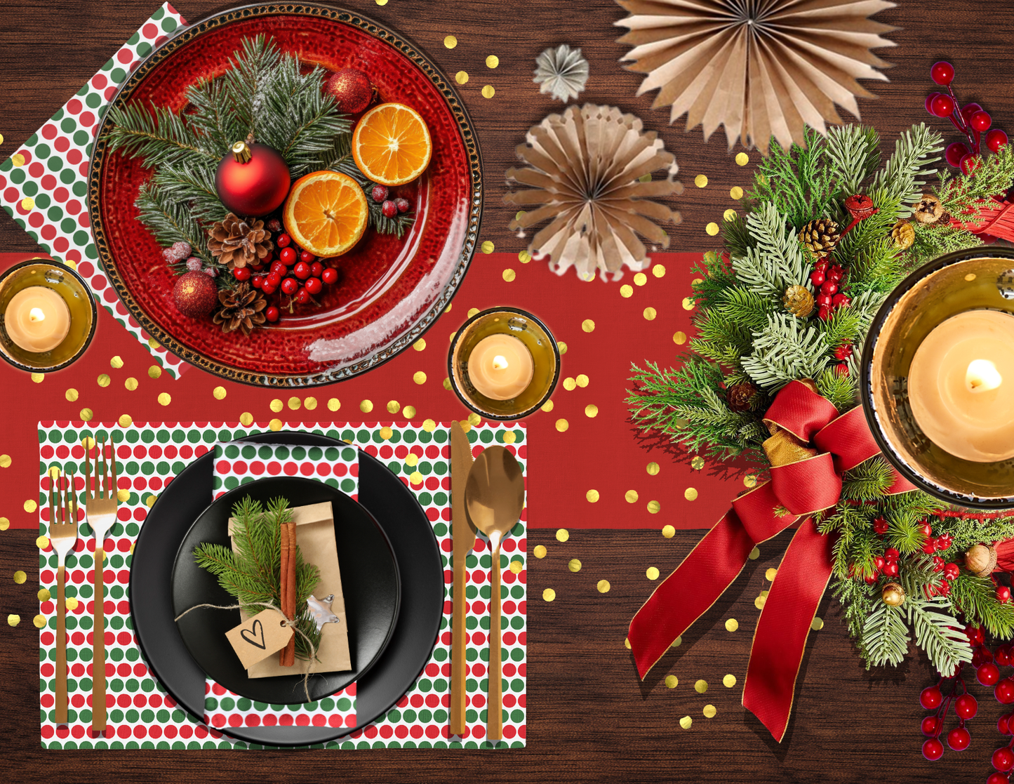 Red & Green Polka Dot Polyester Napkins | Christmas Holiday Cloth Napkin Set, Festive Farmhouse Dining Décor