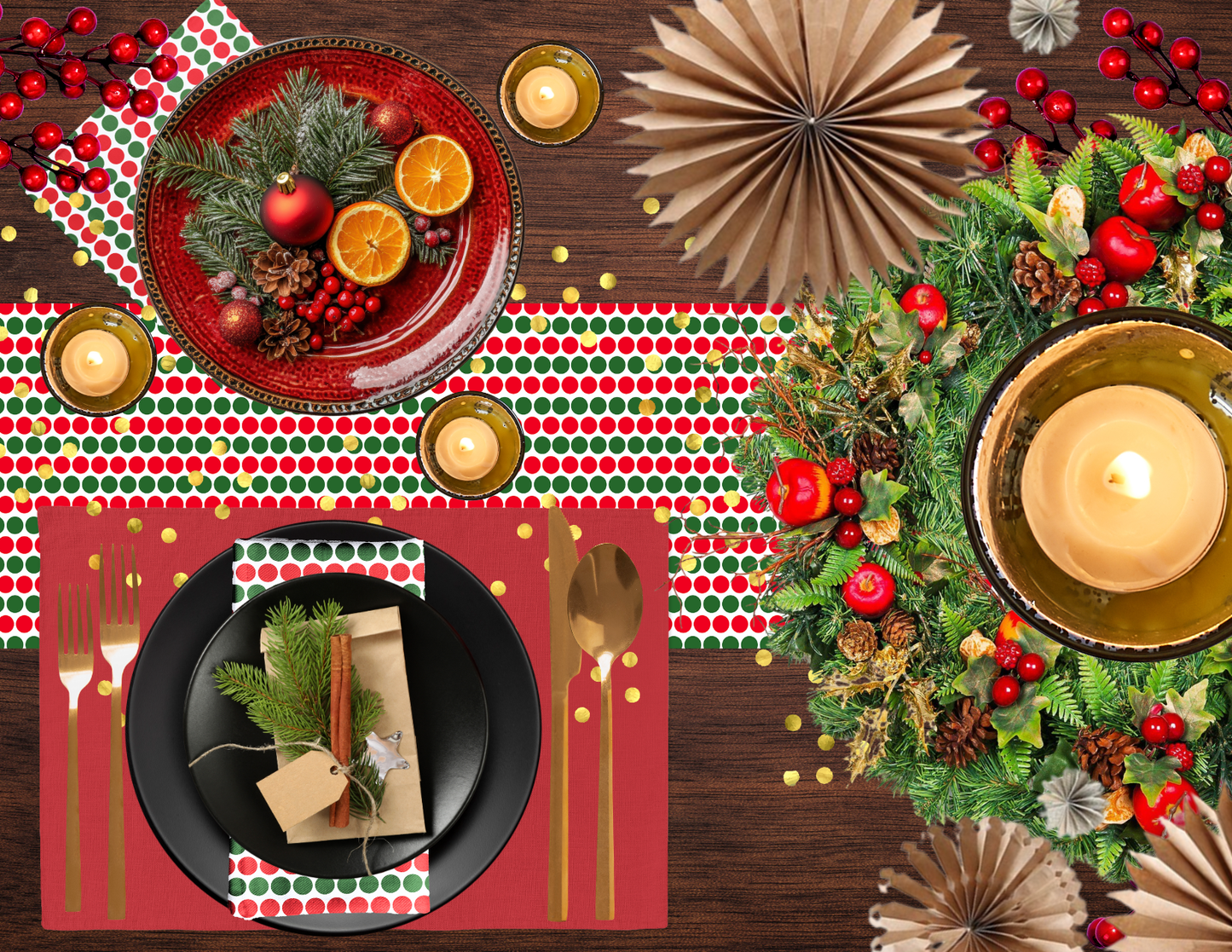 Red & Green Polka Dot Christmas Table Runner | Festive Holiday Dining Décor, Farmhouse Bold Spot Pattern