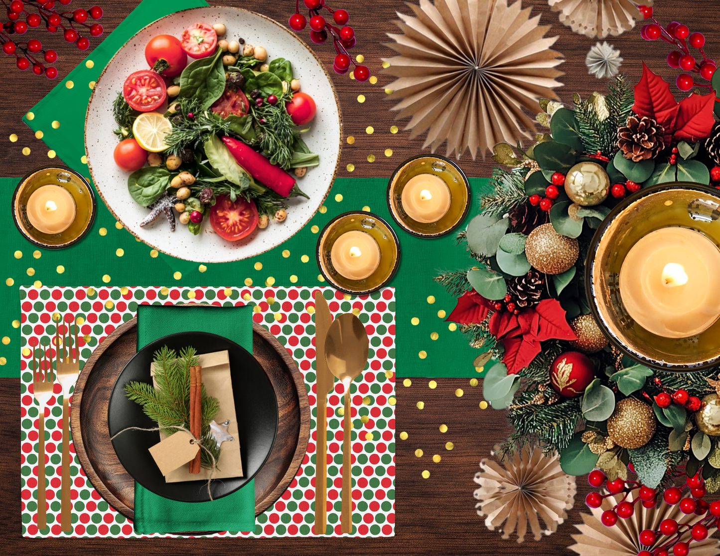 Green Holiday Napkin Set | 4 Washable Cloth Napkins, Festive Christmas Table Decor