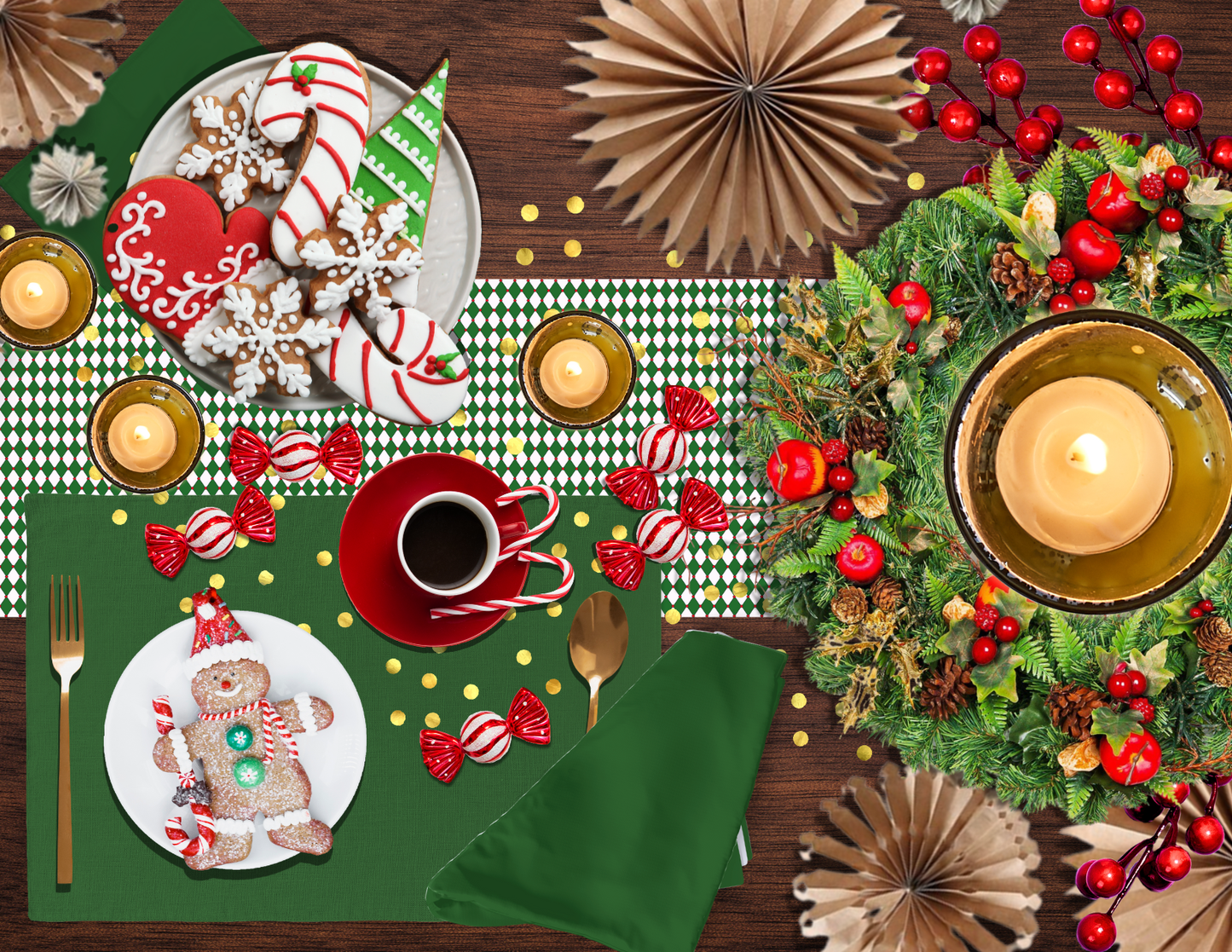 Nutcracker Drummer Green Argyle Christmas Table Runner | Festive Holiday Dining Décor, Classic Green Diamond Check