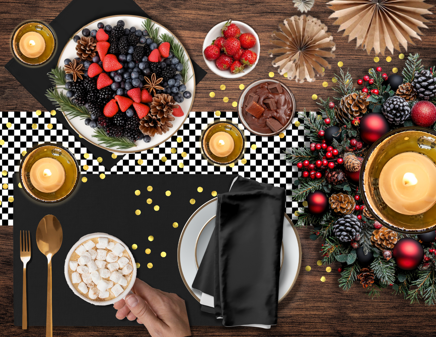 Black Holiday Placemat Set | 4 Washable Placemats, Chic Christmas Dining Table Decor