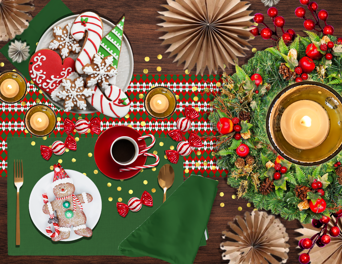 Extra Red Green & White Argyle Christmas Table Runner | Bold Holiday Dining Décor, Festive Farmhouse Diamond Check