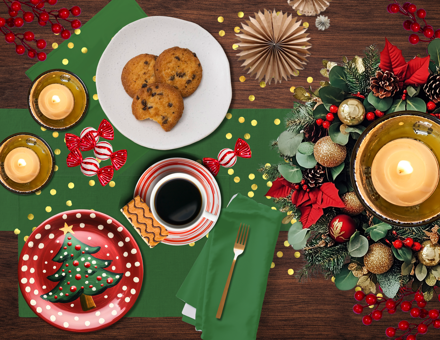 Green Christmas Table Runner | Washable Holiday Dining Decor, Festive Classic Style