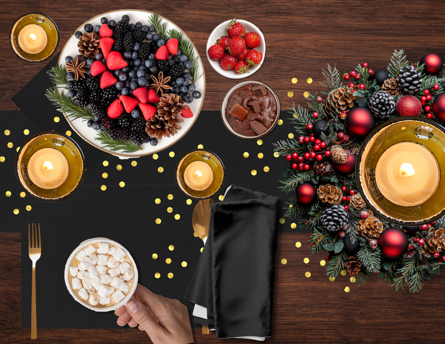 Black Holiday Placemat Set | 4 Washable Placemats, Chic Christmas Dining Table Decor