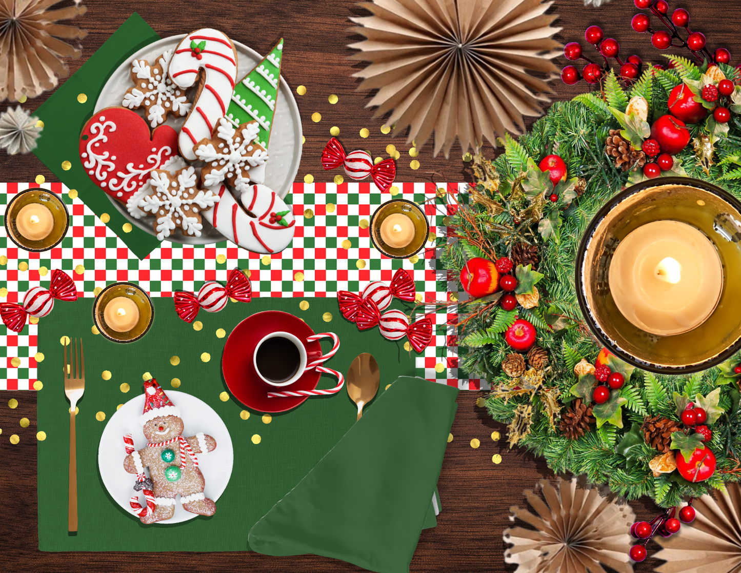 Red Green & White Gingham Christmas Table Runner | Festive Holiday Farmhouse Dining Decor, Rustic Checkered Tabletop Accent