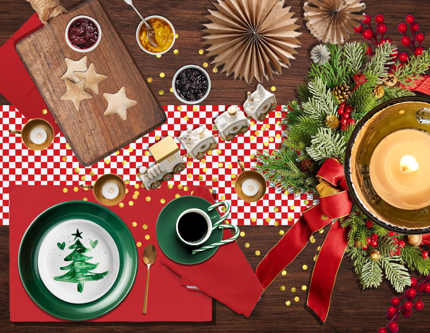 Red & White Gingham Christmas Table Runner | Classic Holiday Farmhouse Dining Room Decor, Rustic Checkered Tabletop Accent