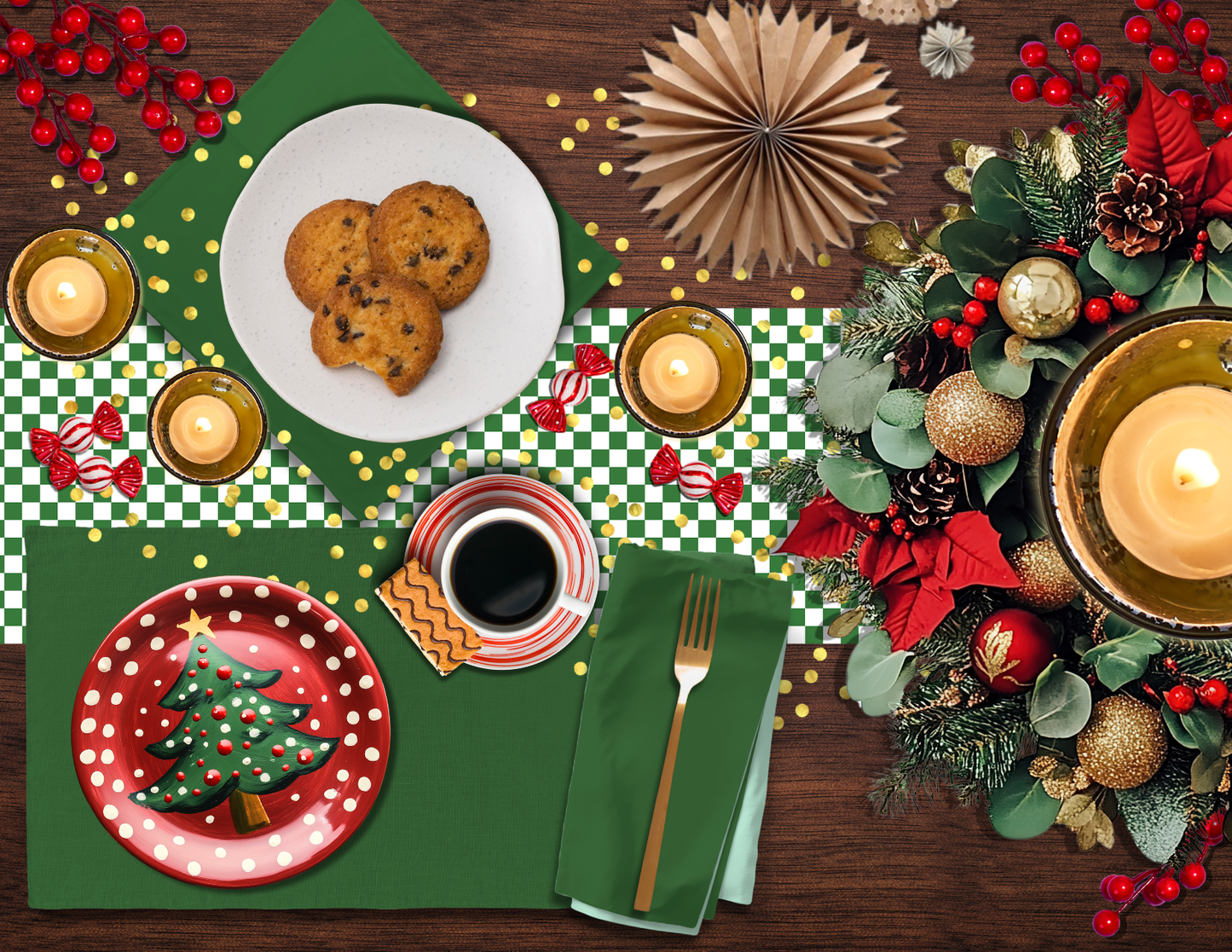 Green Holiday Napkin Set | 4 Washable Cloth Napkins, Festive Christmas Table Decor