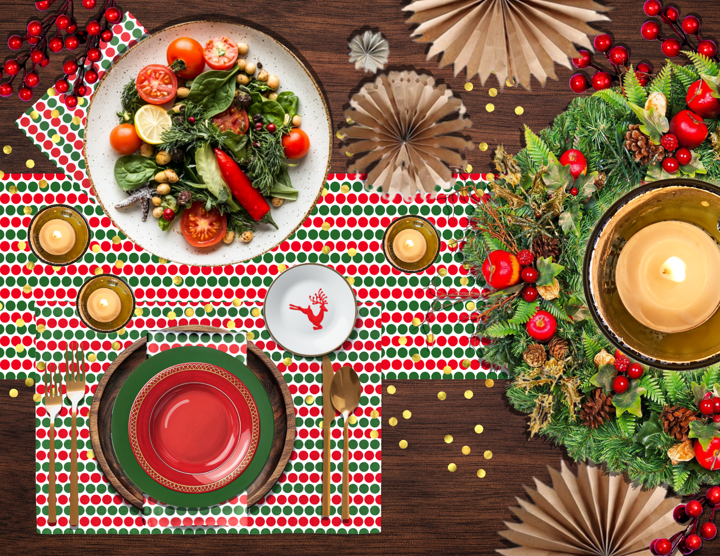 Red & Green Polka Dot Polyester Napkins | Christmas Holiday Cloth Napkin Set, Festive Farmhouse Dining Décor