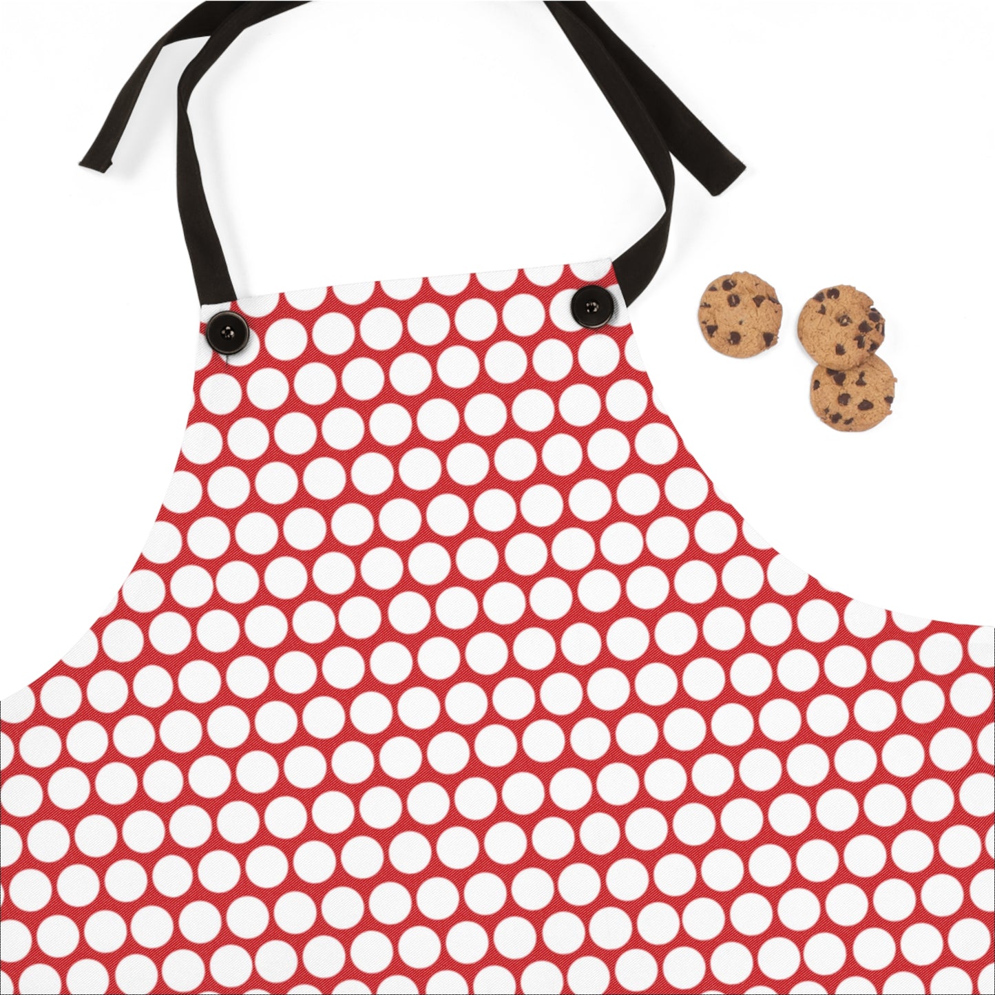 White Polka Dot on Red Holiday Apron | Lightweight 100% Polyester Twill, Detachable Black Twill Straps