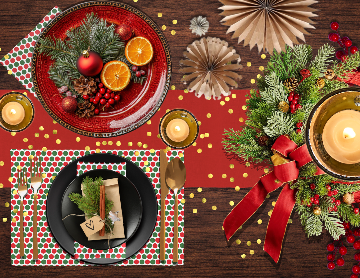 Red & Green Polka Dot Party Polyester Placemats | Christmas Holiday Dining Décor, Festive Scattered Washable Mat Set