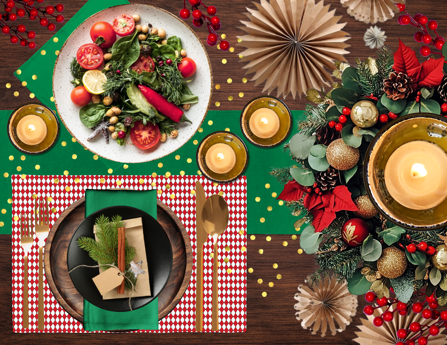 Nutcracker Drummer Red Argyle Polyester Placemats | Christmas Holiday Cloth Dining Mat Set, Festive Diamond Décor