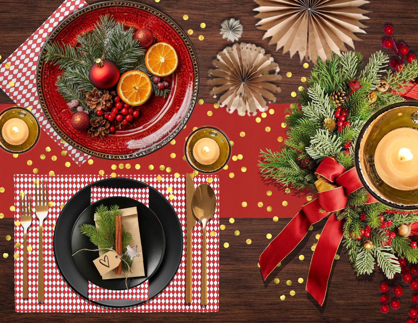 Nutcracker Drummer Red Argyle Polyester Placemats | Christmas Holiday Cloth Dining Mat Set, Festive Diamond Décor