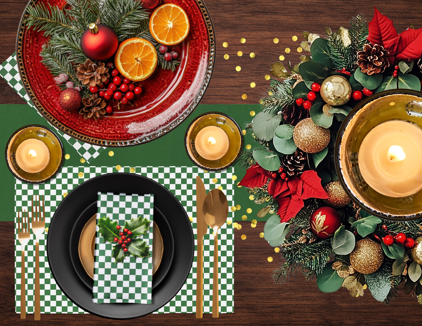 Green & White Check Polyester Napkins | Christmas Holiday Décor, Rustic Farmhouse Cloth Napkin Set, Reusable Holiday Linens