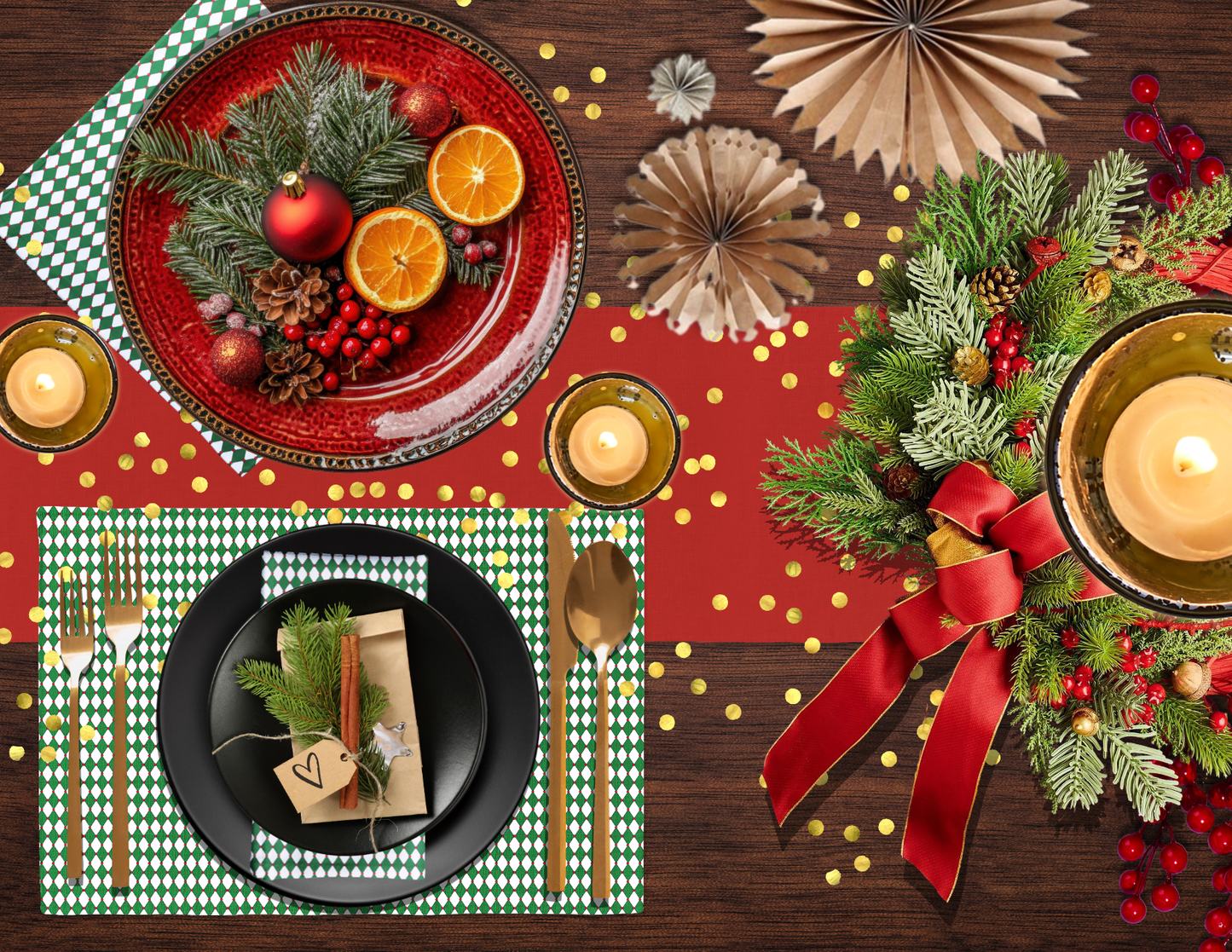 Nutcracker Drummer Green Argyle Polyester Placemats | Christmas Holiday Cloth Dining Mat Set, Festive Diamond Décor