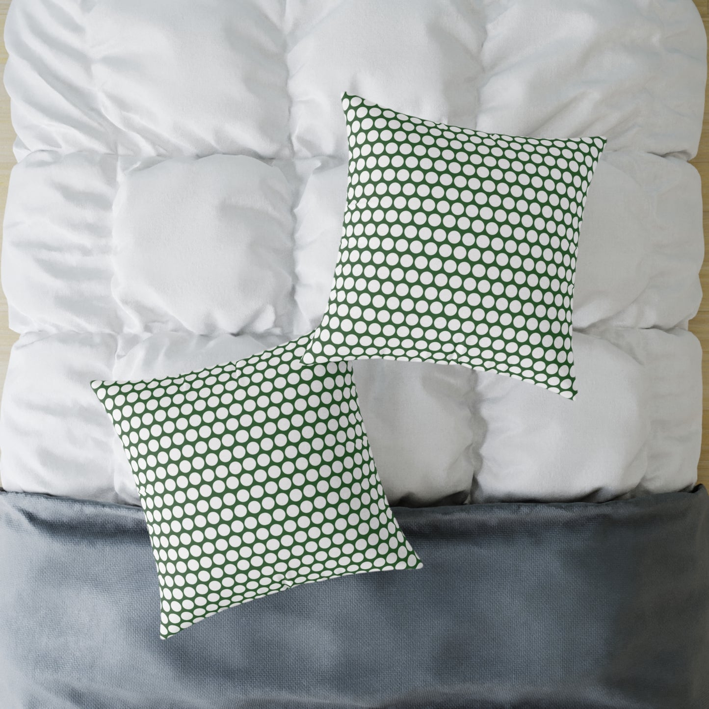 White Polka Dot on Green Christmas Decorative Pillow | Double‑Sided Poly Canvas Cushion, Vibrant Holiday Décor, 5 Sizes