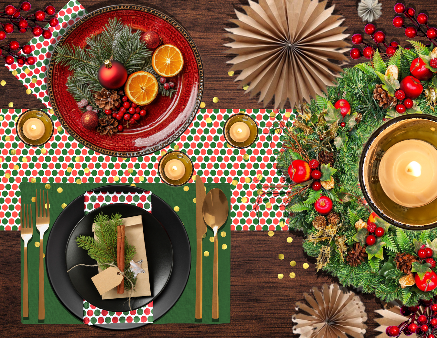 Red & Green Polka Dot Party Polyester Napkins | Christmas Holiday Cloth Napkin Set, Festive Scattered Dots Décor