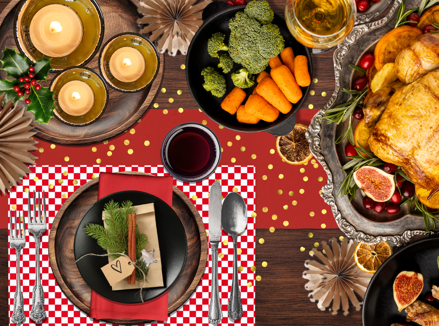 Red & White Check Polyester Placemats | Christmas Holiday Cloth Dining Mat Set, Festive Farmhouse Décor, Washable