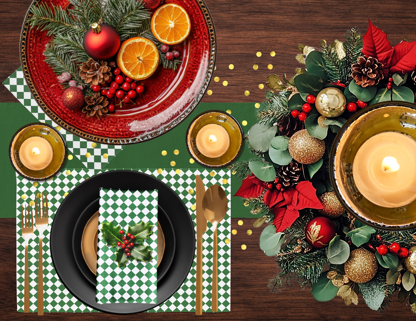 Green & White Argyle Polyester Placemats | Christmas Holiday Dining Décor, Festive Farmhouse Diamond Check Mat Set