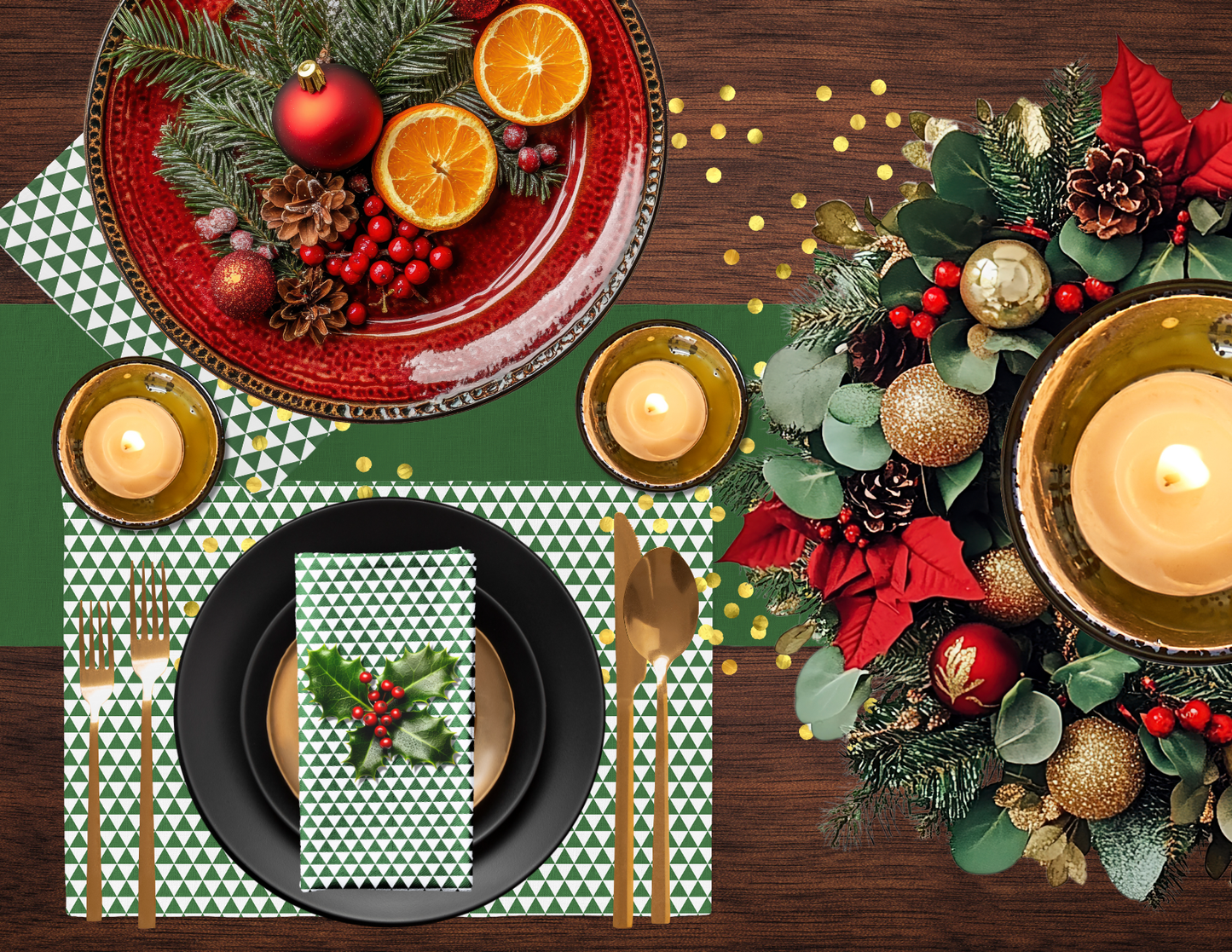 Green Triangle Polyester Napkins | Festive Christmas Cloth Napkin Set, Rustic Farmhouse Holiday Dining Décor