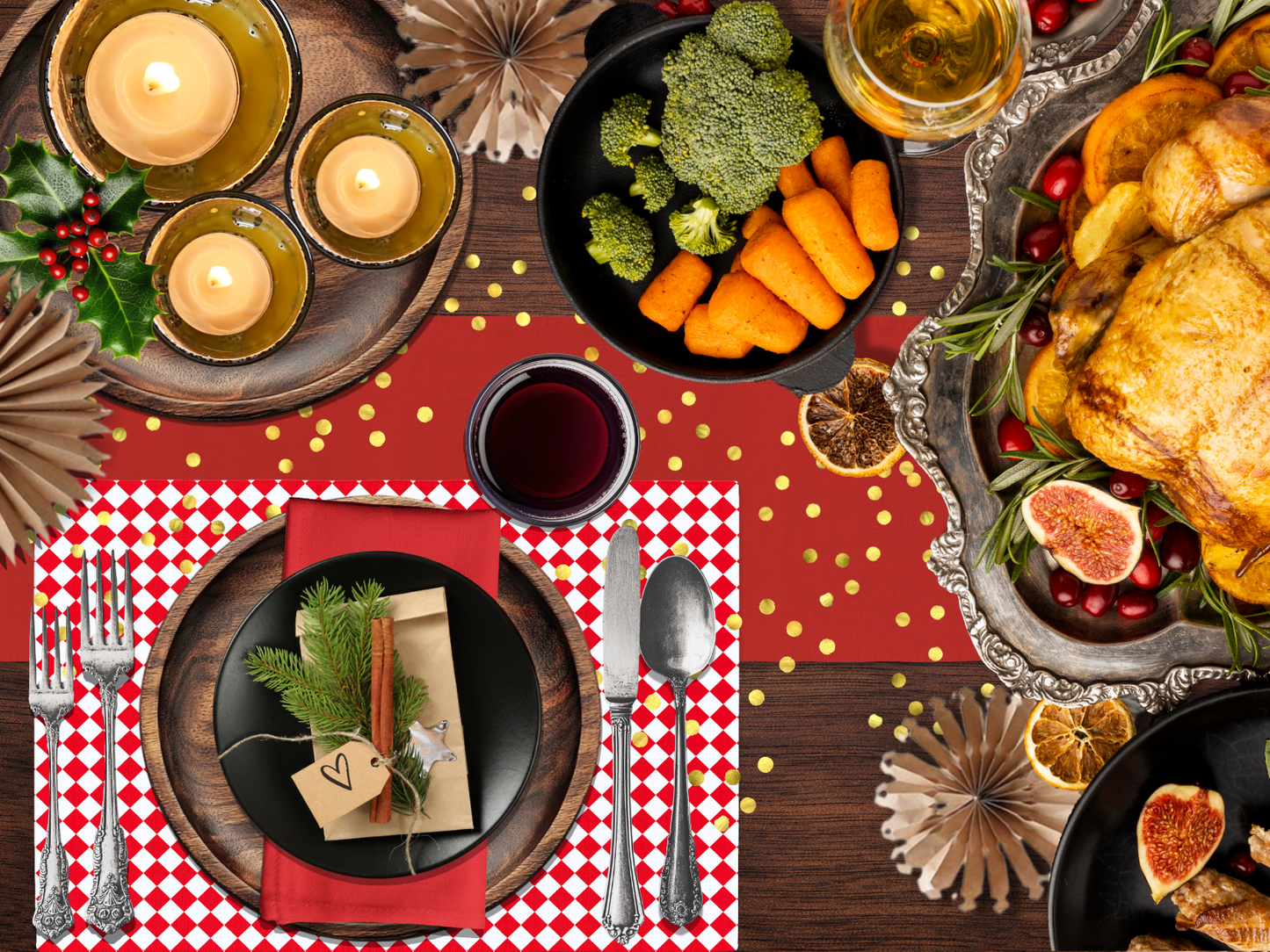 Red & White Argyle Polyester Placemats | Christmas Holiday Cloth Dining Mat Set, Festive Diamond Check Décor