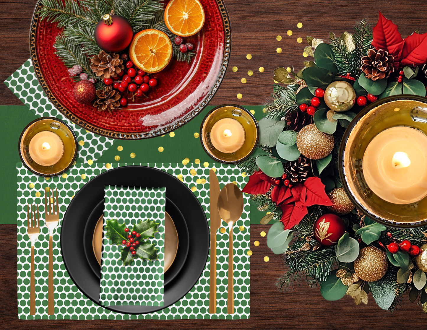 Green Polka Dot Polyester Napkins | Christmas Holiday Cloth Napkin Set, Festive Farmhouse Dining Décor