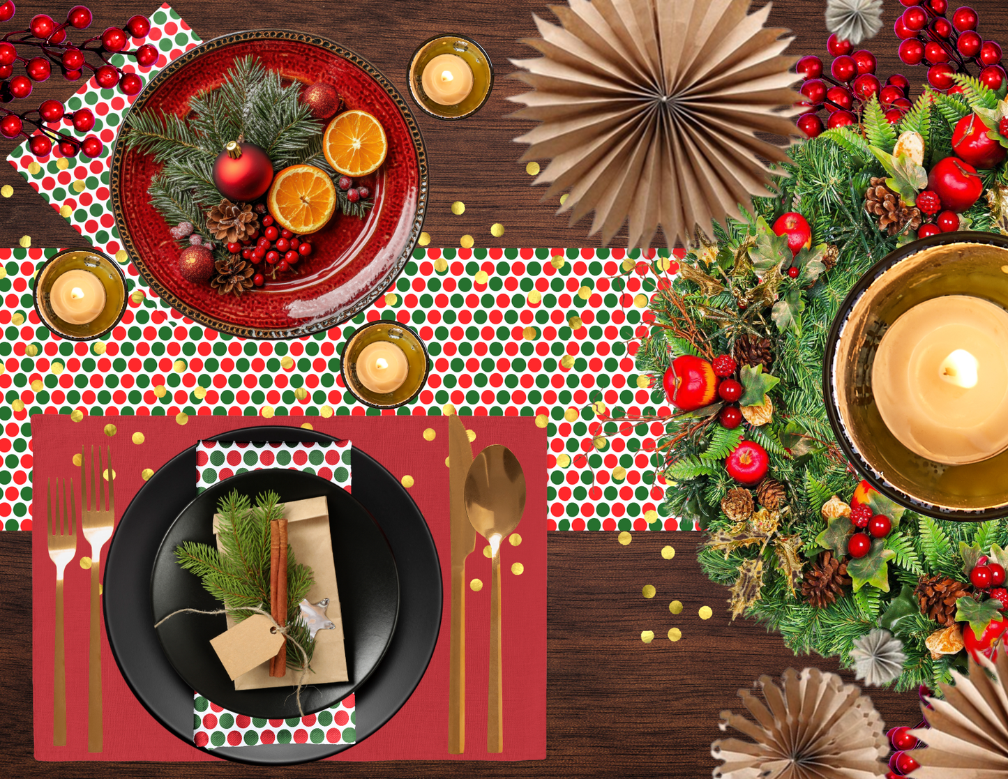 Red & Green Polka Dot Party Polyester Napkins | Christmas Holiday Cloth Napkin Set, Festive Scattered Dots Décor