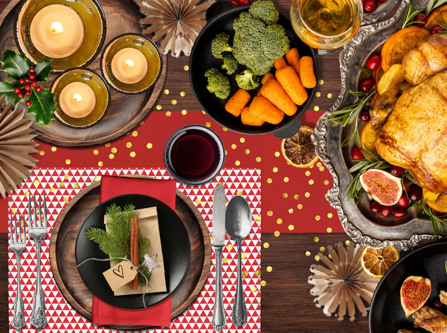 Red Triangle Polyester Placemats | Bold Christmas Holiday Dining Décor, Festive Washable Table Mat Set