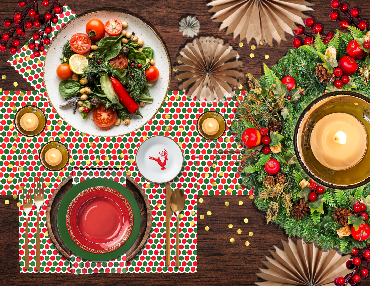 Red & Green Polka Dot Party Polyester Placemats | Christmas Holiday Dining Décor, Festive Scattered Washable Mat Set