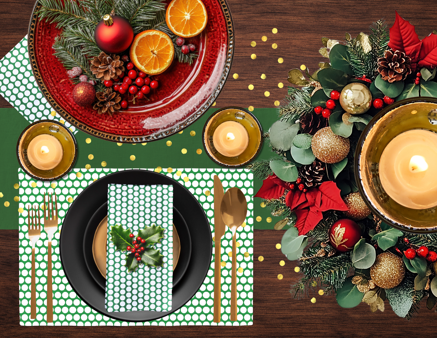 White Polka Dot on Green Polyester Placemats | Christmas Holiday Dining Décor, Festive Rustic Washable Table Mat Set